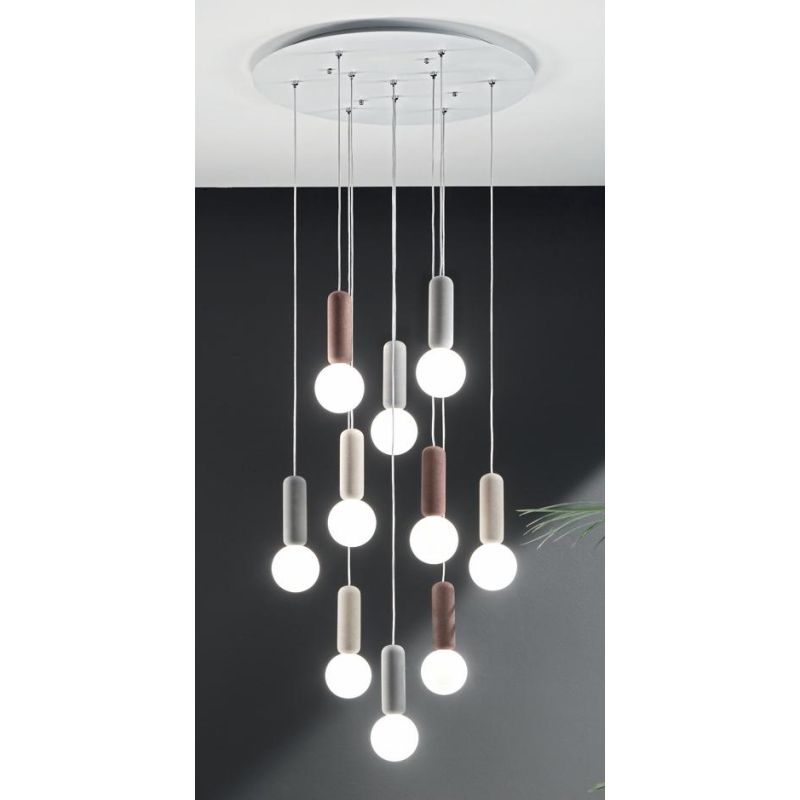 ROCK SOSPENSIONE CON 10 DIFFUSORI A SFERA IN VETRO SATINATO BIANCO CON DETTAGLI IN CEMENTO D60 CM ONDALUCE CICIRIELLO - Cristale