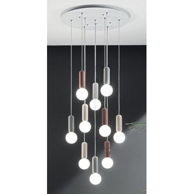 ROCK SOSPENSIONE CON 10 DIFFUSORI A SFERA IN VETRO SATINATO BIANCO CON DETTAGLI IN CEMENTO D60 CM ONDALUCE CICIRIELLO - Cristale