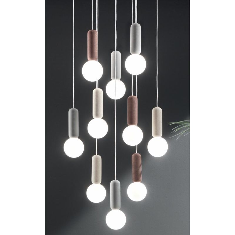 ROCK SOSPENSIONE CON 10 DIFFUSORI A SFERA IN VETRO SATINATO BIANCO CON DETTAGLI IN CEMENTO D60 CM ONDALUCE CICIRIELLO - Cristale