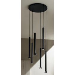 LILA SOSPENSIONE MODERNA 6 LUCI METALLO NERO DIFFUSORI A CILINDRO SVASATI DIAMETRO CM 45 LAMPADINE GU10 ONDALUCE CICIRIELLO - Cr 2