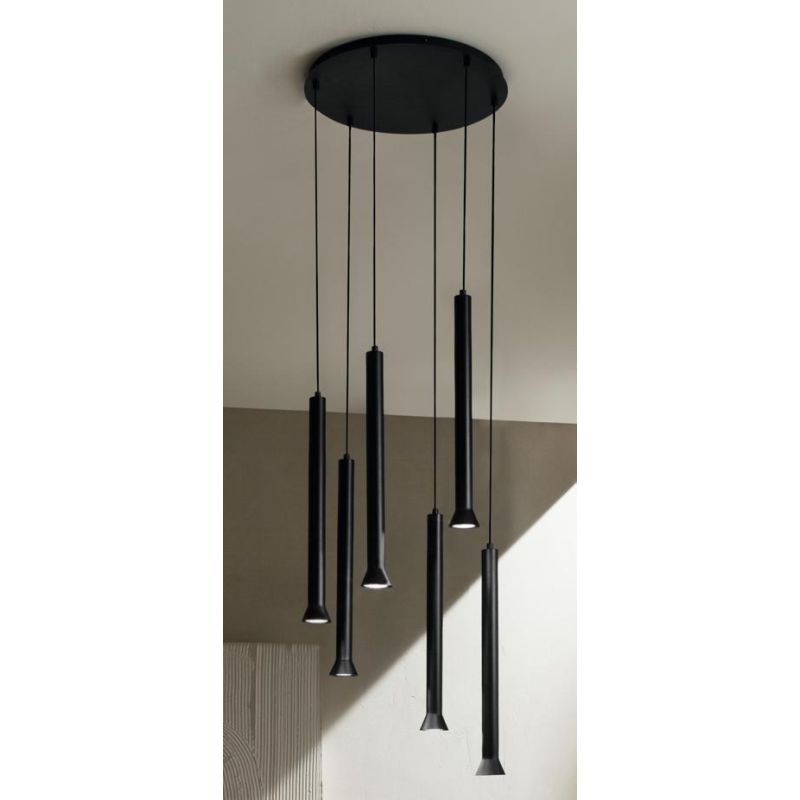 LILA SOSPENSIONE MODERNA 6 LUCI METALLO NERO DIFFUSORI A CILINDRO SVASATI DIAMETRO CM 45 LAMPADINE GU10 ONDALUCE CICIRIELLO - Cr