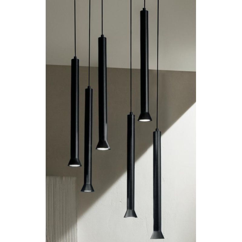 LILA SOSPENSIONE MODERNA 6 LUCI METALLO NERO DIFFUSORI A CILINDRO SVASATI DIAMETRO CM 45 LAMPADINE GU10 ONDALUCE CICIRIELLO - Cr
