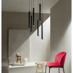 LILA SOSPENSIONE MODERNA 6 LUCI METALLO NERO DIFFUSORI A CILINDRO SVASATI DIAMETRO CM 45 LAMPADINE GU10 ONDALUCE CICIRIELLO - Cr