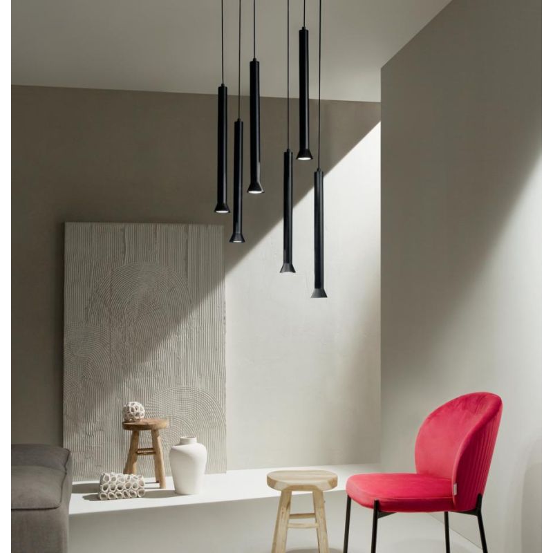 LILA SOSPENSIONE MODERNA 6 LUCI METALLO NERO DIFFUSORI A CILINDRO SVASATI DIAMETRO CM 45 LAMPADINE GU10 ONDALUCE CICIRIELLO - Cr