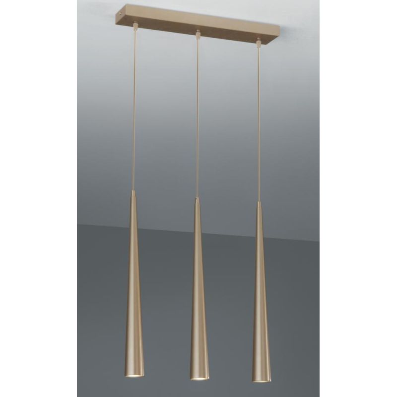 NOA SOSPENSIONE RETTANGOLARE MODERNA 3 LUCI IN METALLO ORO CON DIFFUSORI CONICI LAMPADINE 3XGU10 ONDALUCE CICIRIELLO - Cristalen