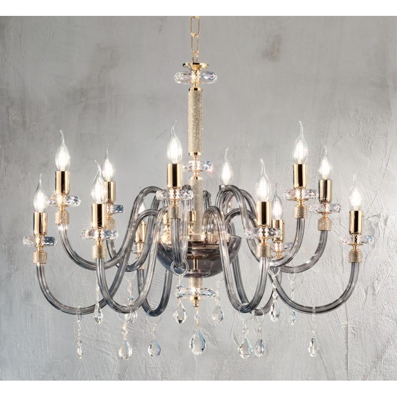 DIDO LAMPADARIO CLASSICO A 12 LUCI IN VETRO E CRISTALLO DISPONIBILE IN 5 FINITURE COLORE ONDALUCE CICIRIELLO - Cristalensi Shop
