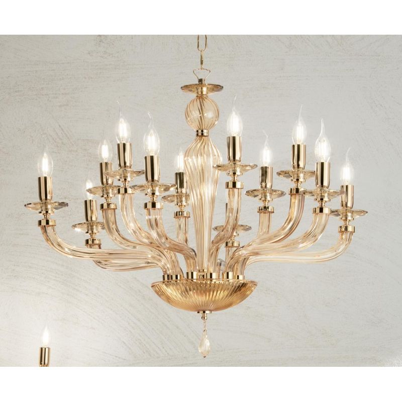 VILLA LAMPADARIO CLASSICO A 12 LUCI IN VETRO LAVORATO A MANO IN 6 COLORI DI ONDALUCE ONDALUCE CICIRIELLO - Cristalensi Shop Onli