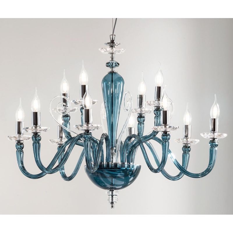 DEBUSSY 12 LUCI LAMPADARIO CLASSICO IN VETRO SOFFIATO 5 COLORI E CRISTALLO DI ONDALUCE ONDALUCE CICIRIELLO - Cristalensi Shop On
