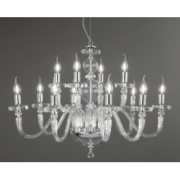 BACH 12 LUCI LAMPADARIO A SOSPENSIONE CLASSICO IN VETRO E CRISTALLO FINITURA ORO O CROMO ONDALUCE CICIRIELLO - Cristalensi Shop