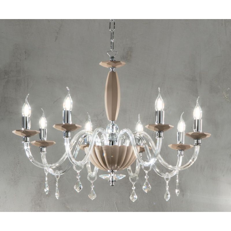 CECILIA 8 LUCI LAMPADARIO A SOSPENSIONE CLASSICO IN VETRO CON CRISTALLI 3 FINITURE ONDALUCE CICIRIELLO - Cristalensi Shop Online