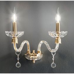 ROXANNE LAMPADA DA PARETE A 2 LUCI STILE CLASSICO IN VETRO SOFFIATO TRASPARENTE CON FINITURA ORO ONDALUCE CICIRIELLO - Cristalen