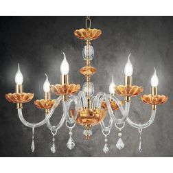 PATRICIA 6 LUCI LAMPADARIO A SOSPENSIONE CLASSICO IN VETRO E CRISTALLO AMBRA CON FINITURA ORO ONDALUCE CICIRIELLO - Cristalensi