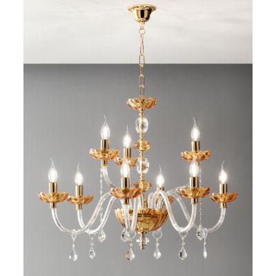 PATRICIA LAMPADARIO A SOSPENSIONE CLASSICO IN VETRO E CRISTALLO A 9 LUCI AMBRA CON FINITURA ORO ONDALUCE CICIRIELLO - Cristalens