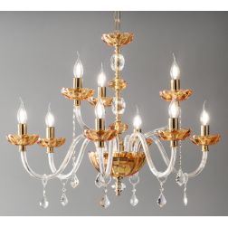 PATRICIA LAMPADARIO A SOSPENSIONE CLASSICO IN VETRO E CRISTALLO A 9 LUCI AMBRA CON FINITURA ORO ONDALUCE CICIRIELLO - Cristalens