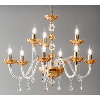 PATRICIA LAMPADARIO A SOSPENSIONE CLASSICO IN VETRO E CRISTALLO A 9 LUCI AMBRA CON FINITURA ORO ONDALUCE CICIRIELLO - Cristalens