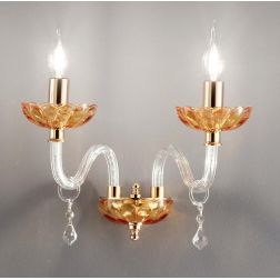 PATRICIA LAMPADA A PARETE CLASSICA CON 2 LUCI IN VETRO E CRISTALLO AMBRA CON FINITURA ORO ONDALUCE CICIRIELLO - Cristalensi Shop