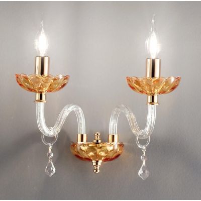 PATRICIA LAMPADA A PARETE CLASSICA CON 2 LUCI IN VETRO E CRISTALLO AMBRA CON FINITURA ORO ONDALUCE CICIRIELLO - Cristalensi Shop