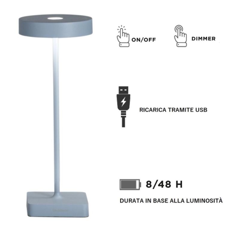 TAP LAMPADA DA TAVOLO IP54 CON RICARICA USB, TOUCH DIMMER LED 3W LUCE 3000K 6 COLORI ONDALUCE CICIRIELLO - Cristalensi Shop Onli