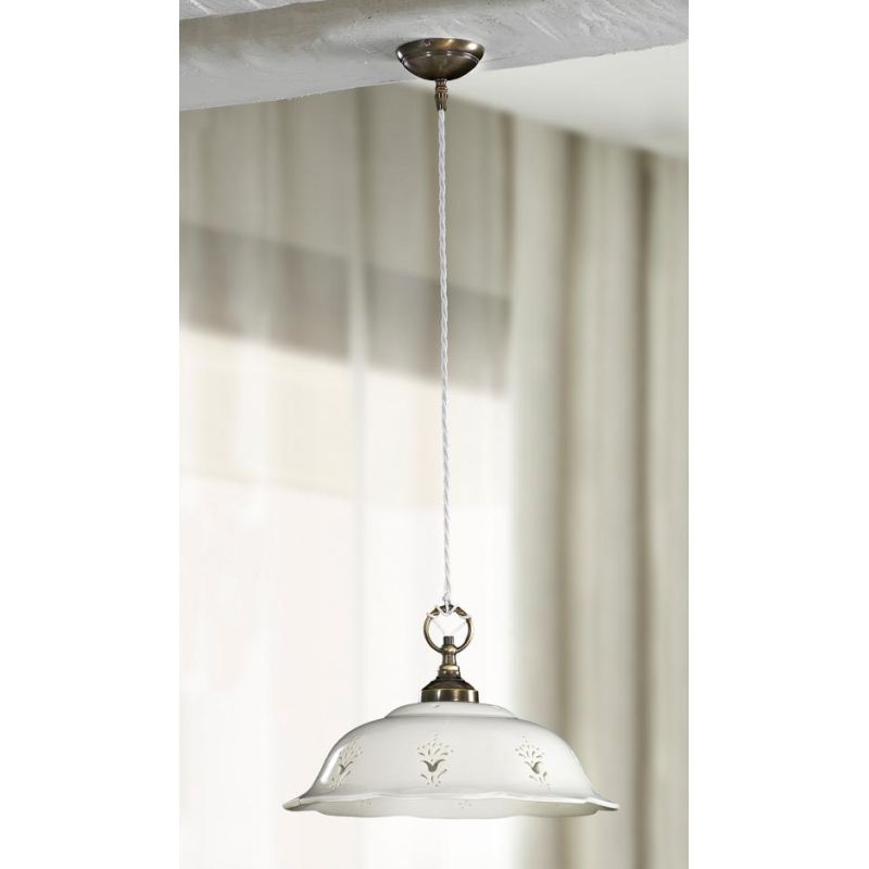 2222.2 SOSPENSIONE SINGOLA D36.5 CM IN STILE RUSTICO IN TERRACOTTA TRAFORATA BIANCA MADE IN ITALY CRISTALENSI CERAMICA - Cristal