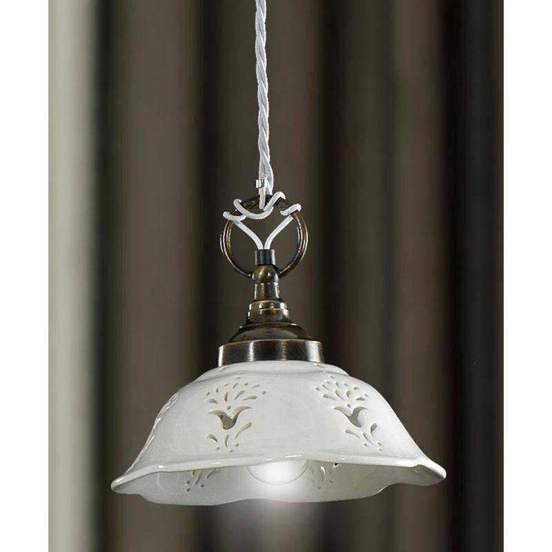 2222.4 SOSPENSIONE SINGOLA D20.5 CM IN STILE RUSTICO IN TERRACOTTA TRAFORATA BIANCA MADE IN ITALY CRISTALENSI CERAMICA - Cristal