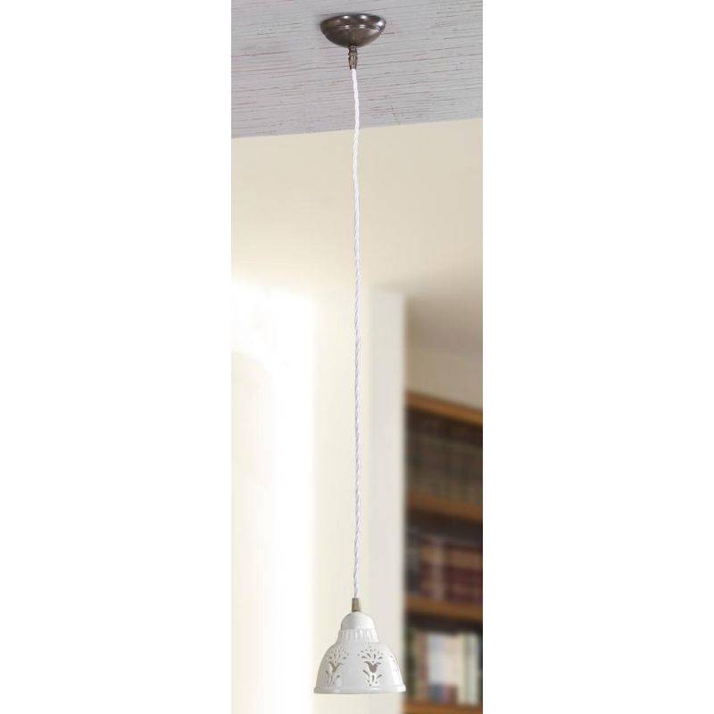 2223.4 PICCOLA SOSPENSIONE SINGOLA D13.5 CM IN STILE RUSTICO IN TERRACOTTA TRAFORATA BIANCA MADE IN ITALY CRISTALENSI CERAMICA -