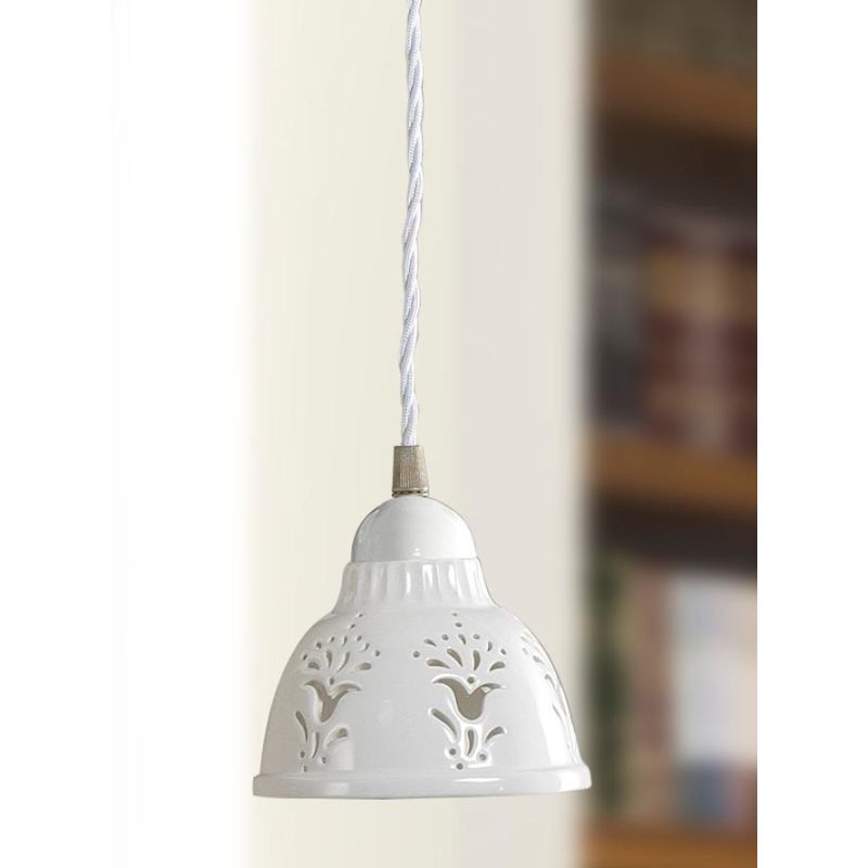 2223.4 PICCOLA SOSPENSIONE SINGOLA D13.5 CM IN STILE RUSTICO IN TERRACOTTA TRAFORATA BIANCA MADE IN ITALY CRISTALENSI CERAMICA -