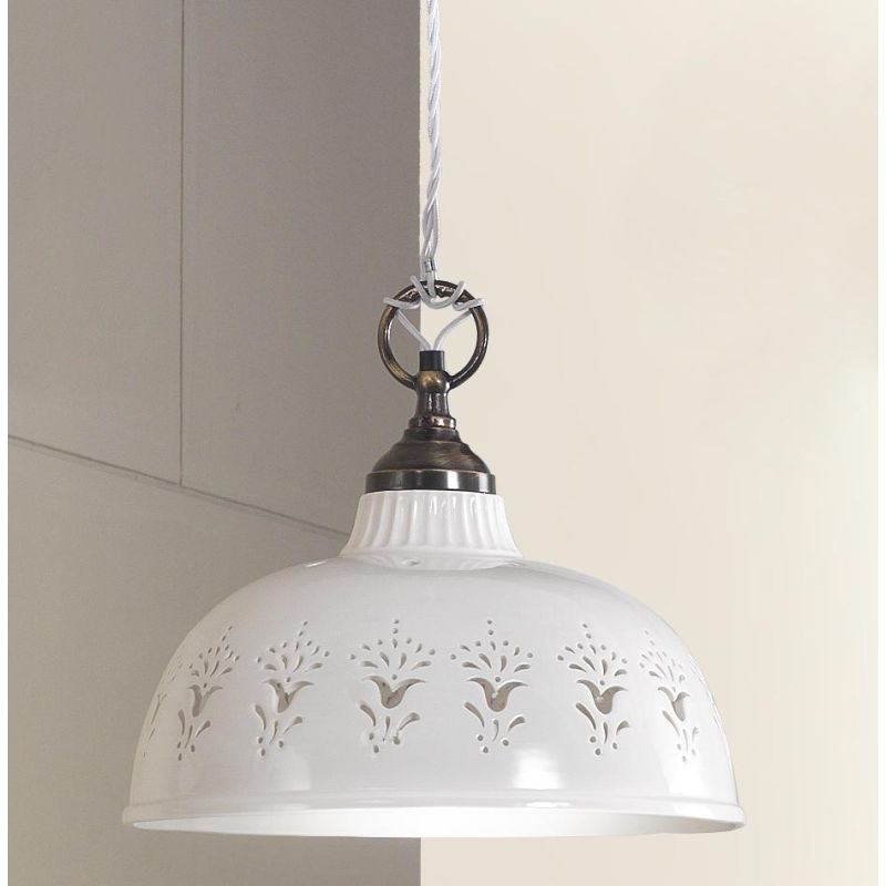 2223.2 SOSPENSIONE SINGOLA D30 CM IN STILE RUSTICO IN TERRACOTTA TRAFORATA BIANCA MADE IN ITALY CRISTALENSI CERAMICA - Cristalen