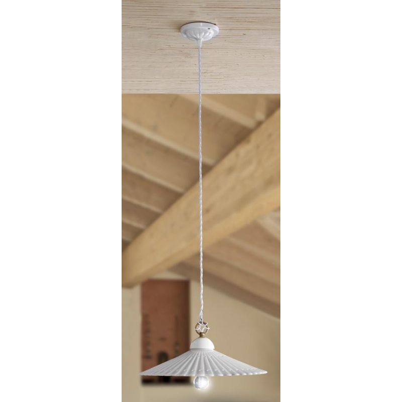 2224.2 SOSPENSIONE SINGOLA IN STILE RUSTICO IN TERRACOTTA PLISSETTATA E TRAFORATA BIANCA D37 CM MADE IN ITALY CRISTALENSI CERAMI