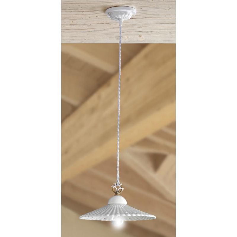 2224.3 SOSPENSIONE SINGOLA D28 CM IN STILE RUSTICO IN TERRACOTTA PLISSETTATA E TRAFORATA BIANCA MADE IN ITALY CRISTALENSI CERAMI