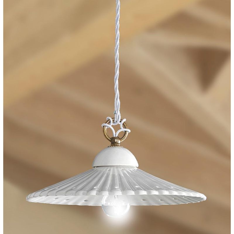 2224.3 SOSPENSIONE SINGOLA D28 CM IN STILE RUSTICO IN TERRACOTTA PLISSETTATA E TRAFORATA BIANCA MADE IN ITALY CRISTALENSI CERAMI