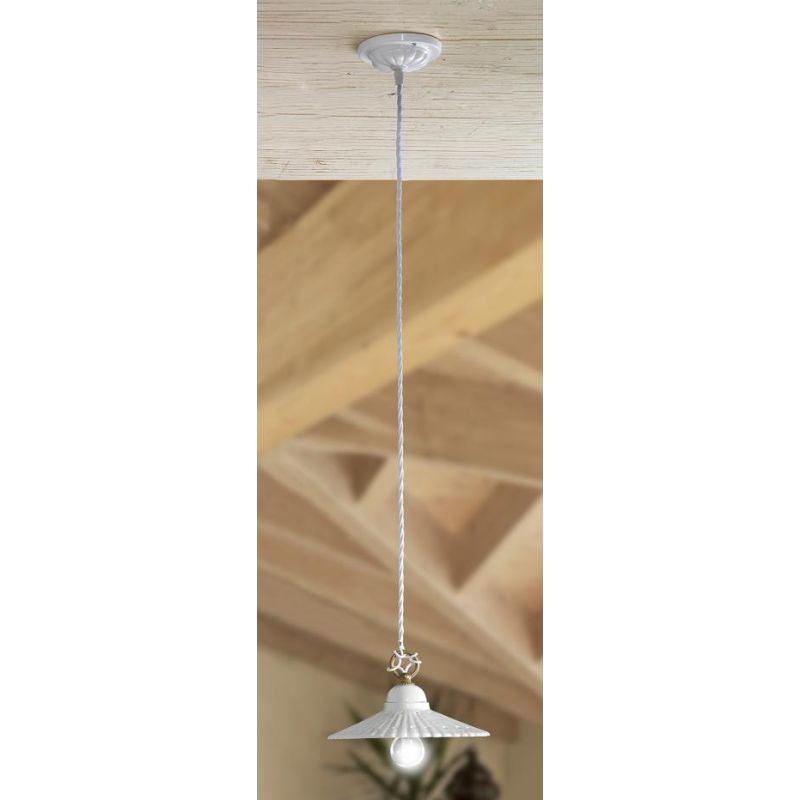 2224.4 SOSPENSIONE SINGOLA D21 CM IN STILE RUSTICO IN TERRACOTTA PLISSETTATA E TRAFORATA BIANCA MADE IN ITALY CRISTALENSI CERAMI