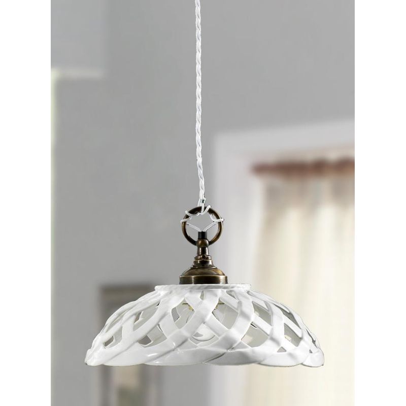 2225.3 SOSPENSIONE SINGOLA D32 CM IN TERRACOTTA BIANCA LUCIDA INTRECCIATA MADE IN ITALY CRISTALENSI CERAMICA - Cristalensi Shop