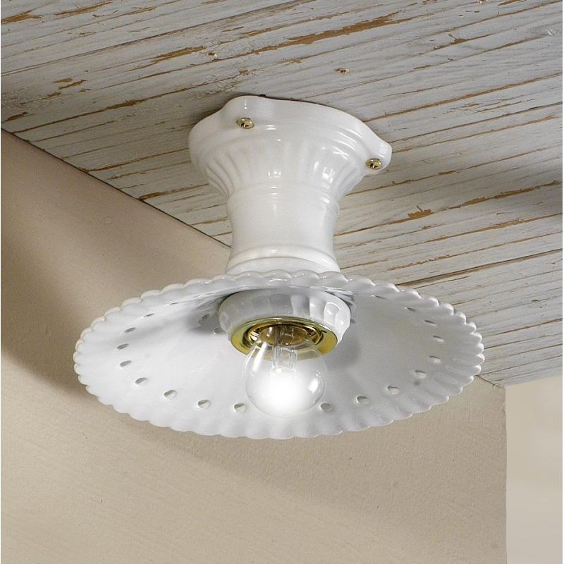 2226 PLAFONIERA MADE IN ITALY IN TERRACOTTA BIANCA PLISSETTATA E TRAFORATA DIAMETRO CM 21.5 CRISTALENSI CERAMICA - Cristalensi S