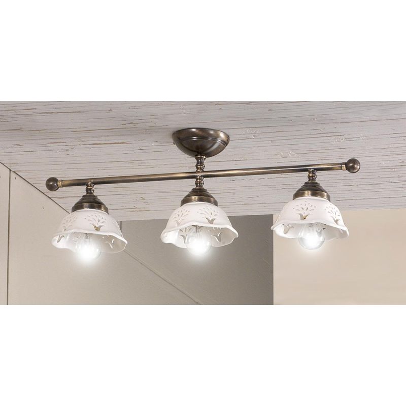 2234.3 PLAFONIERA LINEARE IN OTTONE CON DIFFUSORI IN TERRACOTTA BIANCA TRAFORATA MADE IN ITALY STILE RUSTICO CRISTALENSI CERAMIC