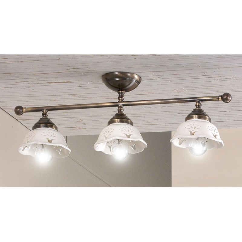 2234.3 PLAFONIERA LINEARE IN OTTONE CON DIFFUSORI IN TERRACOTTA BIANCA TRAFORATA MADE IN ITALY STILE RUSTICO CRISTALENSI CERAMIC