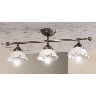 2234.3 PLAFONIERA LINEARE IN OTTONE CON DIFFUSORI IN TERRACOTTA BIANCA TRAFORATA MADE IN ITALY STILE RUSTICO CRISTALENSI CERAMIC