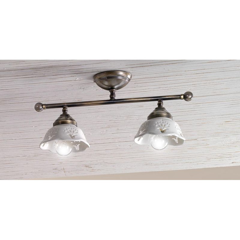 2234.2 PLAFONIERA LINEARE IN OTTONE CON DIFFUSORI IN TERRACOTTA BIANCA TRAFORATA MADE IN ITALY STILE RUSTICO CRISTALENSI CERAMIC