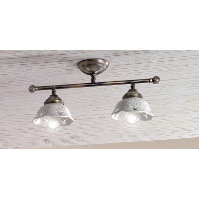 2234.2 PLAFONIERA LINEARE IN OTTONE CON DIFFUSORI IN TERRACOTTA BIANCA TRAFORATA MADE IN ITALY STILE RUSTICO CRISTALENSI CERAMIC
