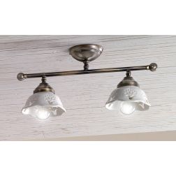 2234.2 PLAFONIERA LINEARE IN OTTONE CON DIFFUSORI IN TERRACOTTA BIANCA TRAFORATA MADE IN ITALY STILE RUSTICO CRISTALENSI CERAMIC