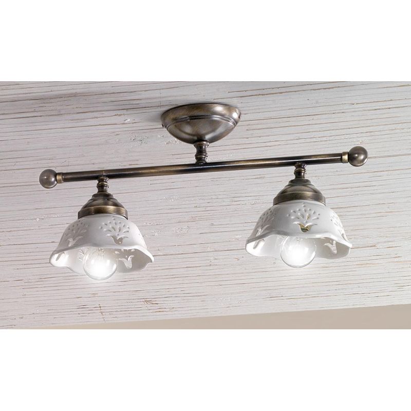 2234.2 PLAFONIERA LINEARE IN OTTONE CON DIFFUSORI IN TERRACOTTA BIANCA TRAFORATA MADE IN ITALY STILE RUSTICO CRISTALENSI CERAMIC