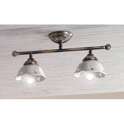 2234.2 PLAFONIERA LINEARE IN OTTONE CON DIFFUSORI IN TERRACOTTA BIANCA TRAFORATA MADE IN ITALY STILE RUSTICO CRISTALENSI CERAMIC