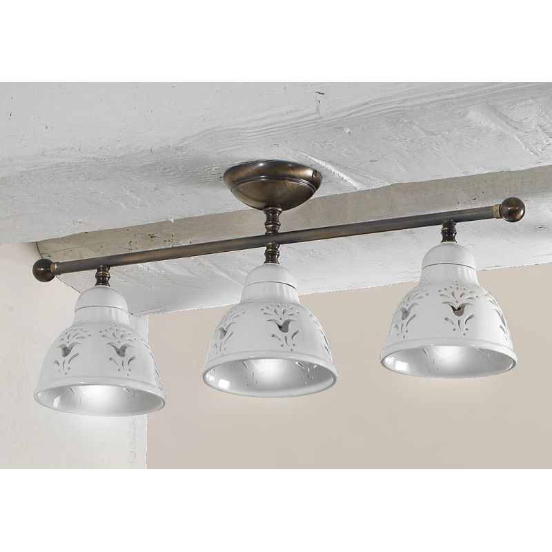 2235.3 PLAFONIERA LINEARE IN OTTONE CON DIFFUSORI IN TERRACOTTA BIANCA TRAFORATA MADE IN ITALY STILE RUSTICO CRISTALENSI CERAMIC