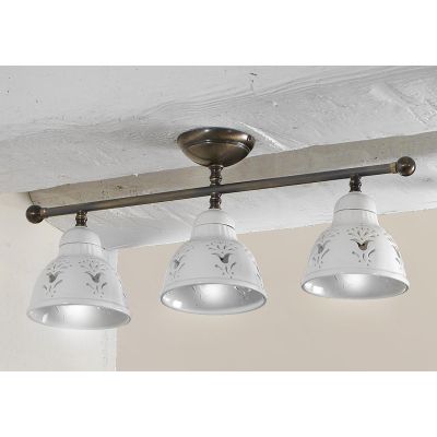 2235.3 PLAFONIERA LINEARE IN OTTONE CON DIFFUSORI IN TERRACOTTA BIANCA TRAFORATA MADE IN ITALY STILE RUSTICO CRISTALENSI CERAMIC