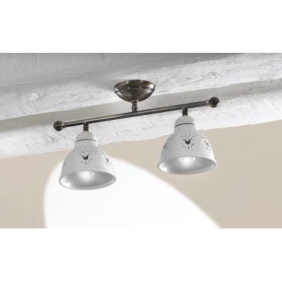 2235.2 PLAFONIERA LINEARE IN OTTONE CON DIFFUSORI IN TERRACOTTA BIANCA TRAFORATA MADE IN ITALY STILE RUSTICO CRISTALENSI CERAMIC