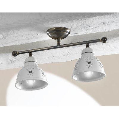 2235.2 PLAFONIERA LINEARE IN OTTONE CON DIFFUSORI IN TERRACOTTA BIANCA TRAFORATA MADE IN ITALY STILE RUSTICO CRISTALENSI CERAMIC