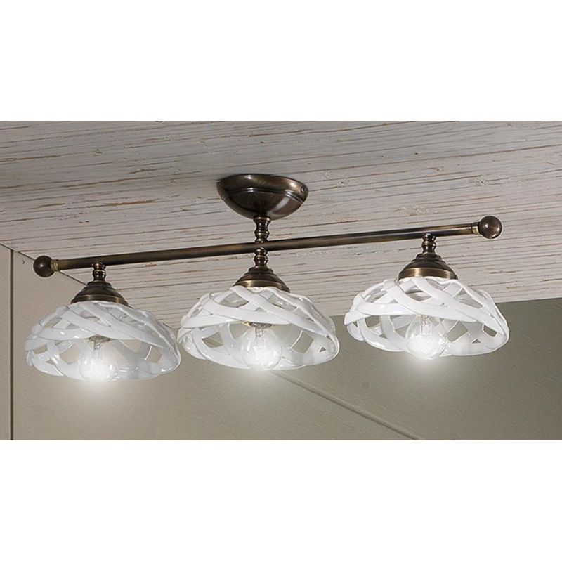 2236.3 PLAFONIERA 3 LUCI LINEARE IN OTTONE CON DIFFUSORI IN TERRACOTTA BIANCA TRAFORATA MADE IN ITALY STILE RUSTICO CRISTALENSI