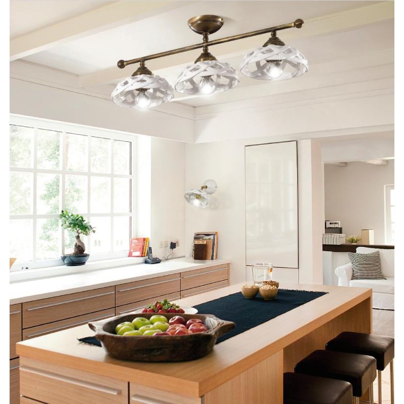 2236.3 PLAFONIERA 3 LUCI LINEARE IN OTTONE CON DIFFUSORI IN TERRACOTTA BIANCA TRAFORATA MADE IN ITALY STILE RUSTICO CRISTALENSI