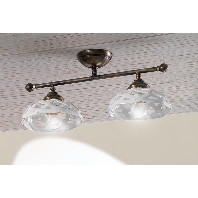 2236.2 PLAFONIERA 2 LUCI LINEARE IN OTTONE CON DIFFUSORI IN TERRACOTTA BIANCA TRAFORATA MADE IN ITALY STILE RUSTICO CRISTALENSI