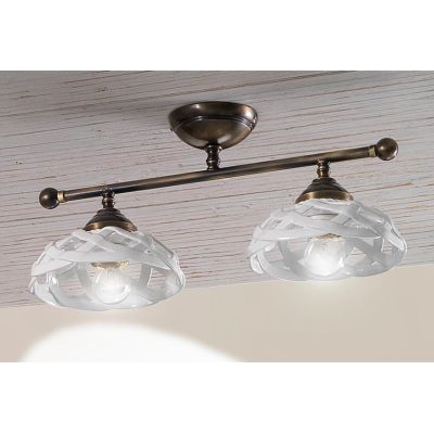 2236.2 PLAFONIERA 2 LUCI LINEARE IN OTTONE CON DIFFUSORI IN TERRACOTTA BIANCA TRAFORATA MADE IN ITALY STILE RUSTICO CRISTALENSI