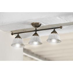 2237.3 PLAFONIERA LINEARE IN OTTONE CON DIFFUSORI IN TERRACOTTA BIANCA TRAFORATA MADE IN ITALY RUSTICA CRISTALENSI CERAMICA - Cr 2